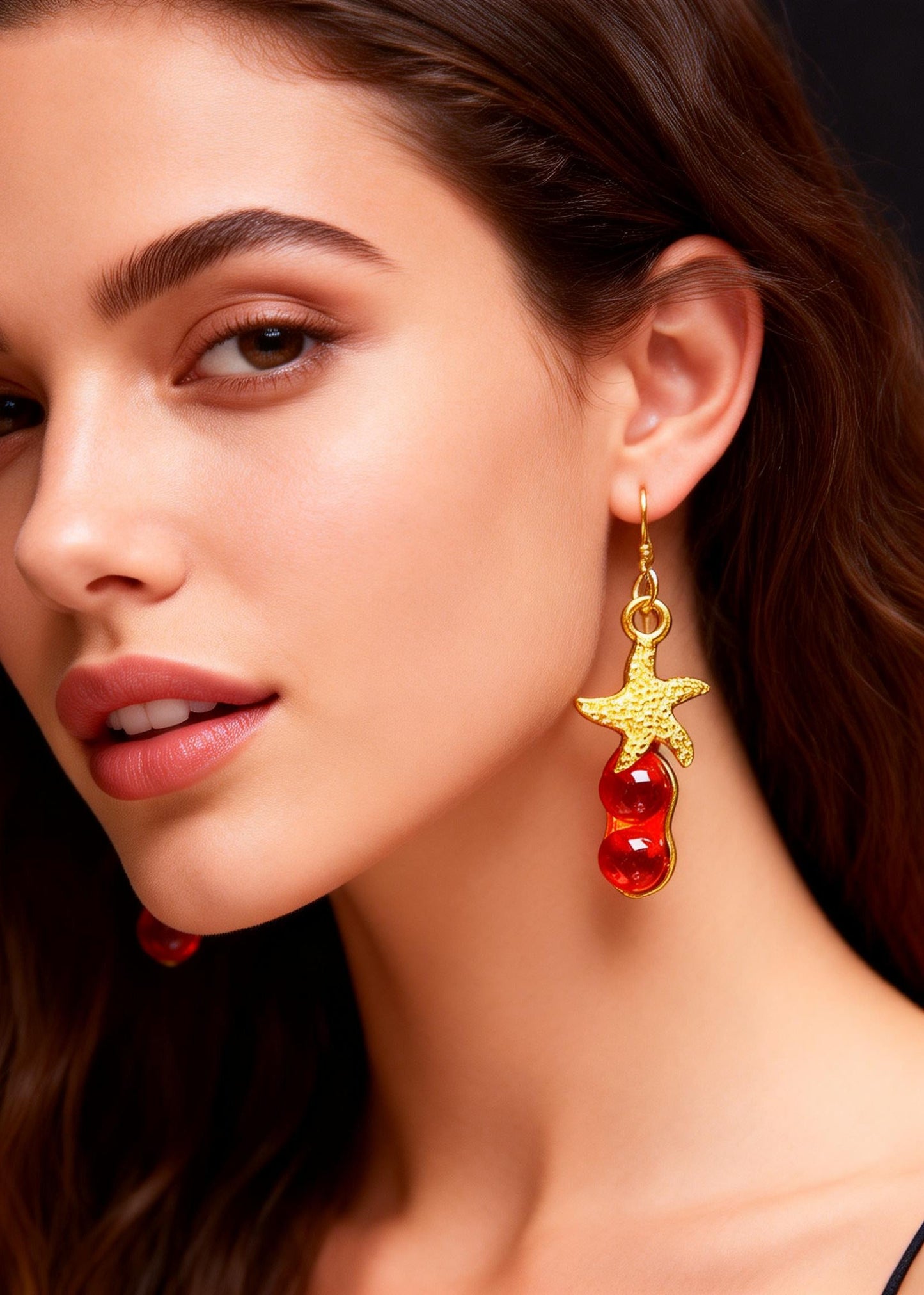 Red Gem Stone Starfish Design Drop Earrings
