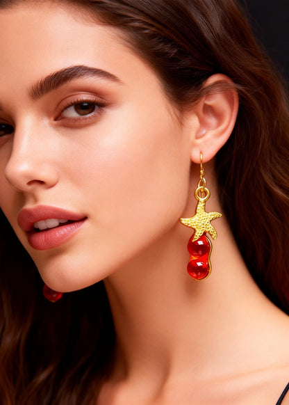 Red Gem Stone Starfish Design Drop Earrings