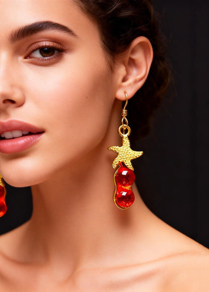 Red Gem Stone Starfish Design Drop Earrings