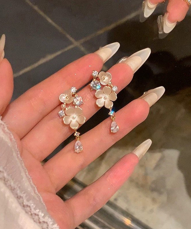 White Alloy Zircon Tassel Drop Earrings