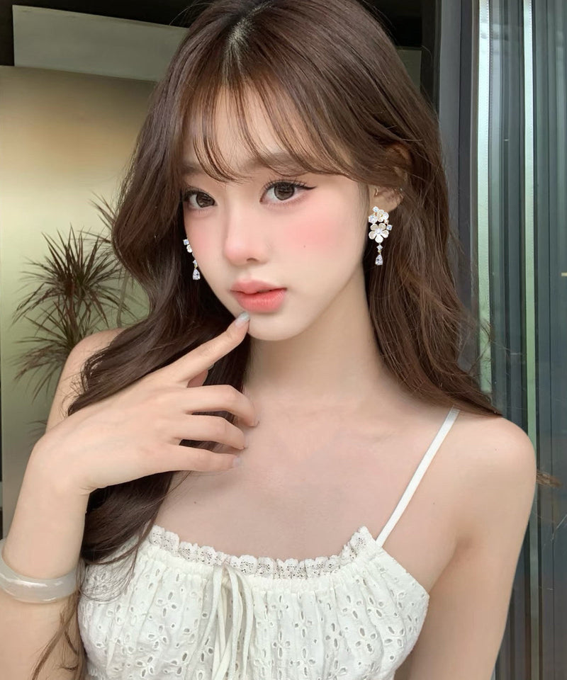 White Alloy Zircon Tassel Drop Earrings
