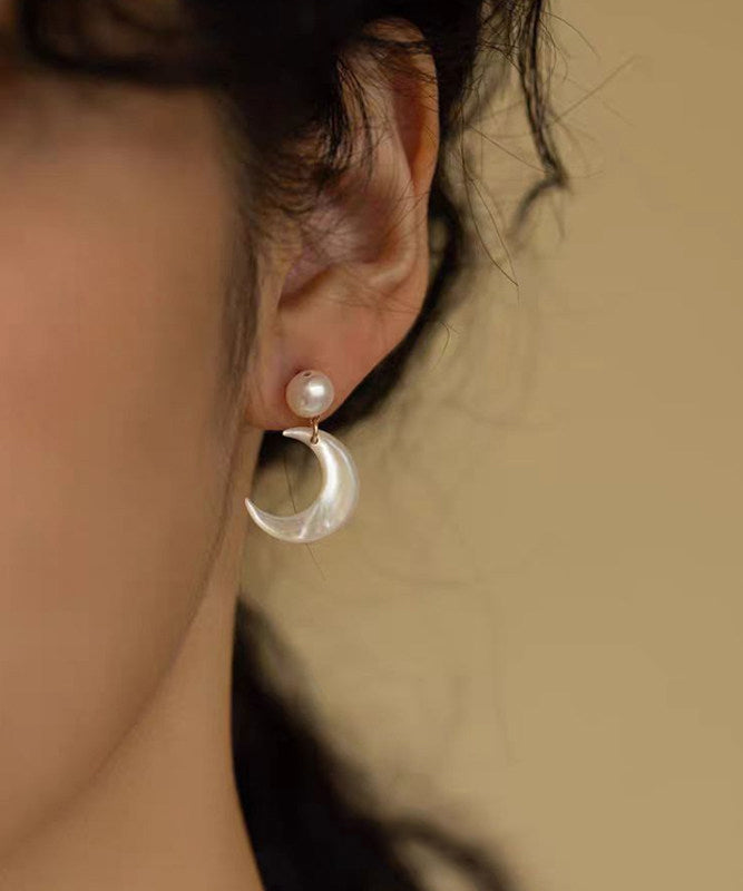 White Moon Shape Pearl Drop Earrings