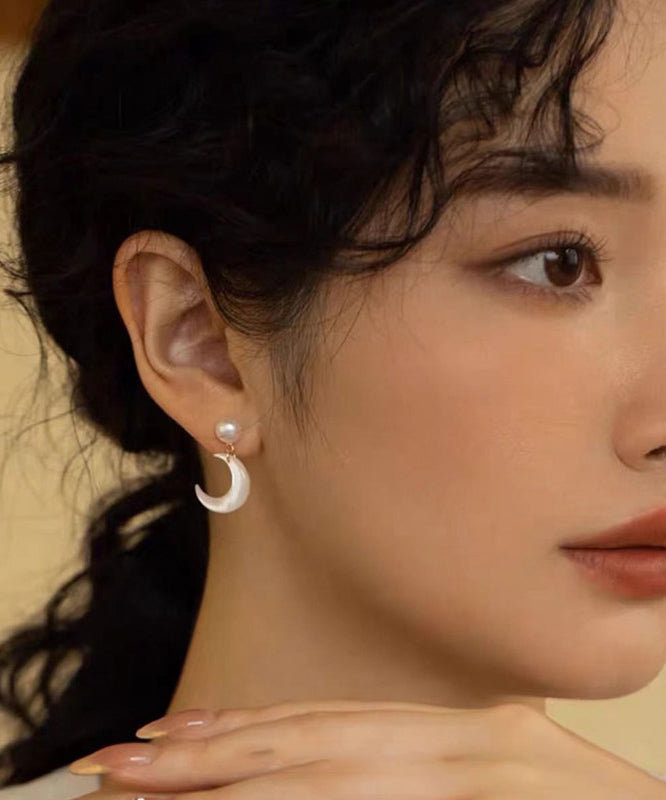 White Moon Shape Pearl Drop Earrings