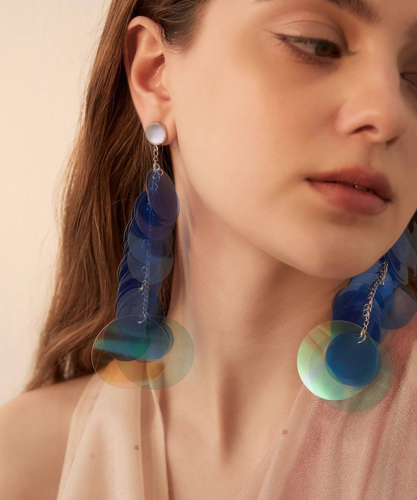 Blue Gradient Color Sequins Original Design Alloy Long Stud Earrings