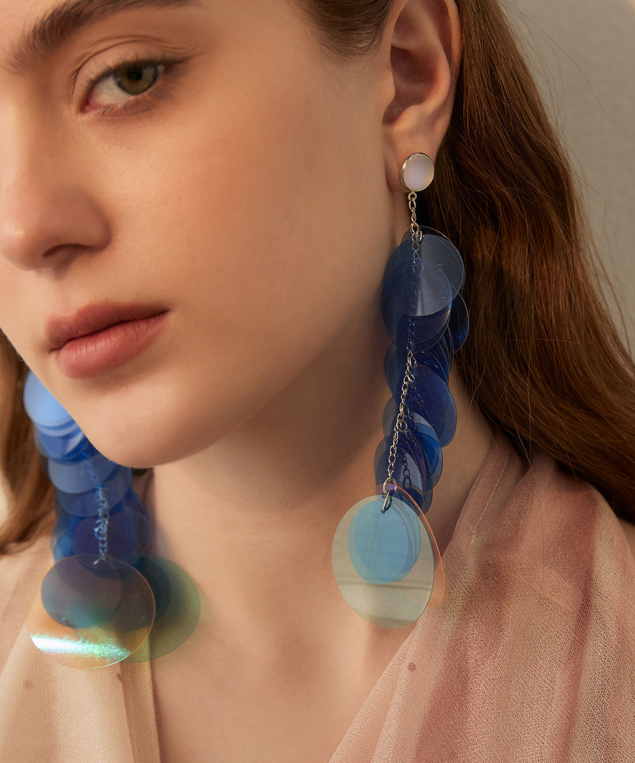 Blue Gradient Color Sequins Original Design Alloy Long Stud Earrings