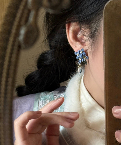 Blue Alloy Leaf Water Drop Tasse Drop Earrings