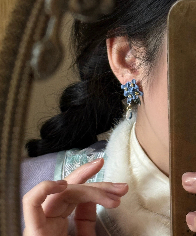 Blue Alloy Leaf Water Drop Tasse Drop Earrings