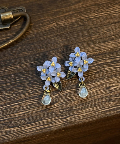 Blue Alloy Leaf Water Drop Tasse Drop Earrings