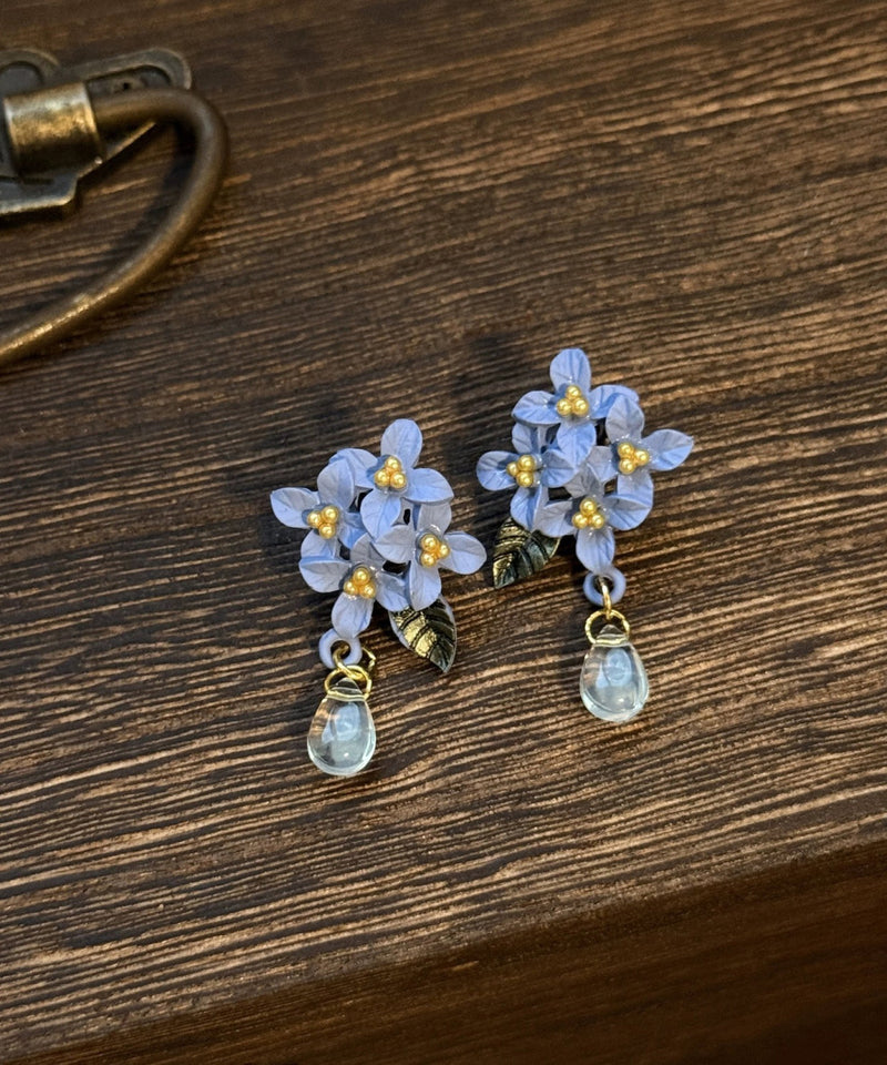Blue Alloy Leaf Water Drop Tasse Drop Earrings