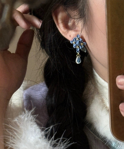 Blue Alloy Leaf Water Drop Tasse Drop Earrings