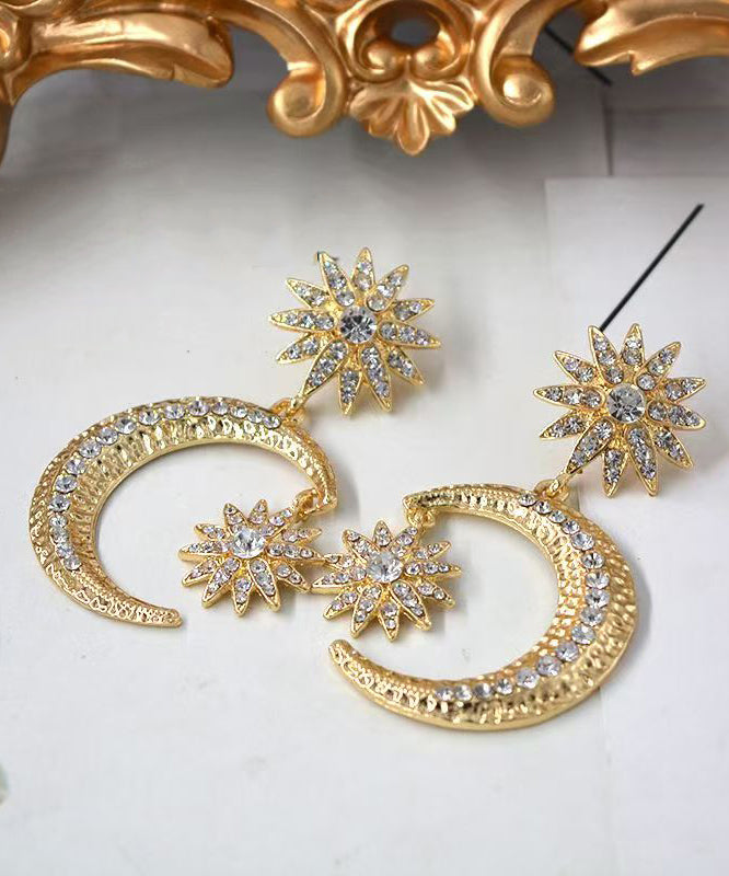 Gold Metal Overgild Zircon Star Moon Drop Earrings