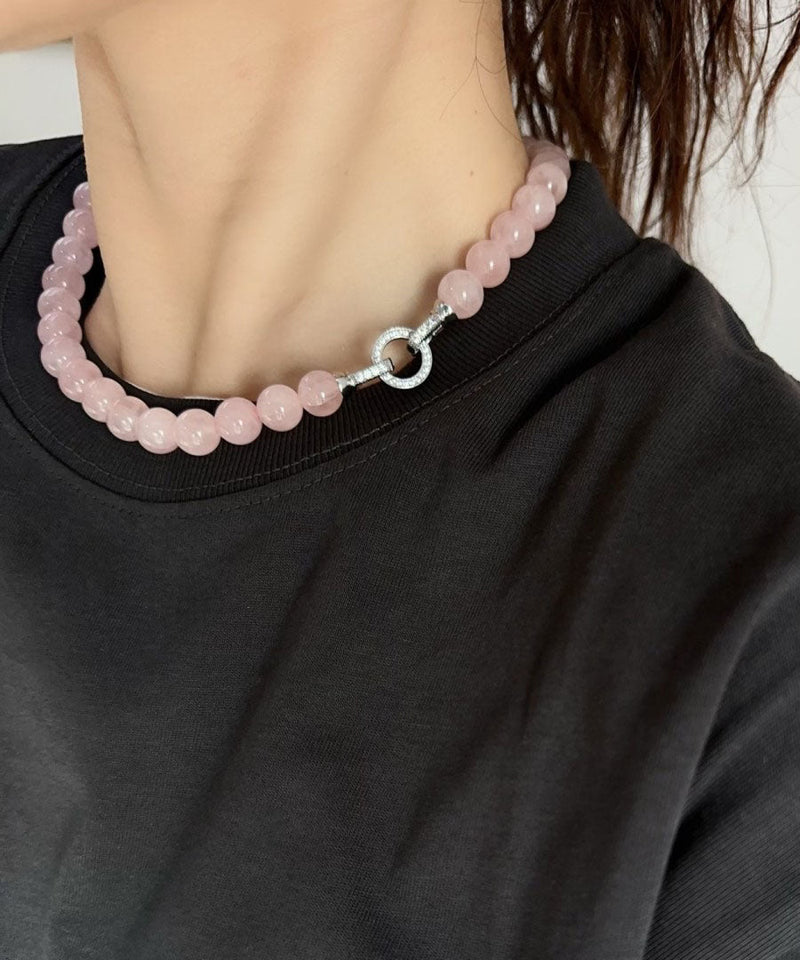 Pink Sterling Silver Crystal Beading Collar Necklace
