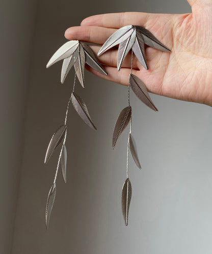 Silk Sterling Silver Bamboo Leaf Tassel Drop Earrings