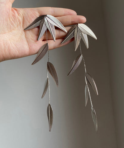 Silk Sterling Silver Bamboo Leaf Tassel Drop Earrings