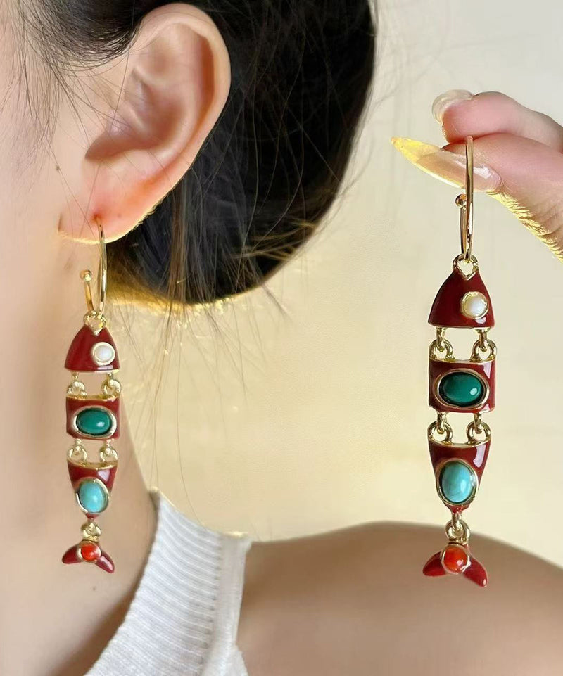 Colorblock Copper Alloy Enamel Fish Shape Drop Earrings