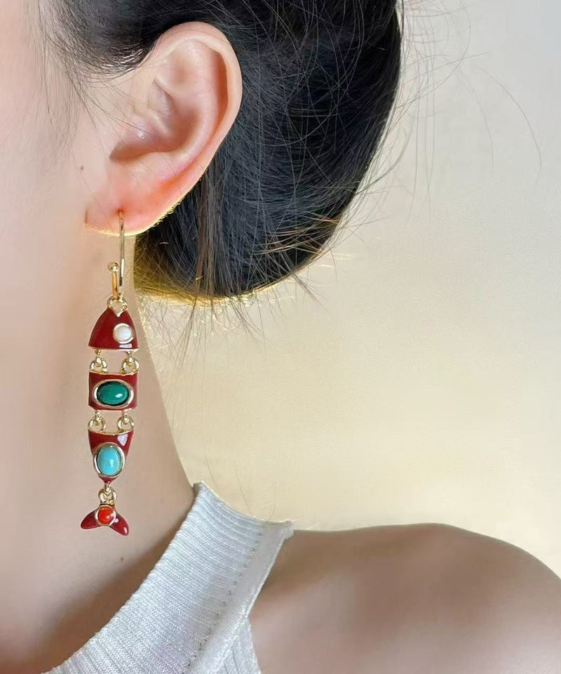 Colorblock Copper Alloy Enamel Fish Shape Drop Earrings