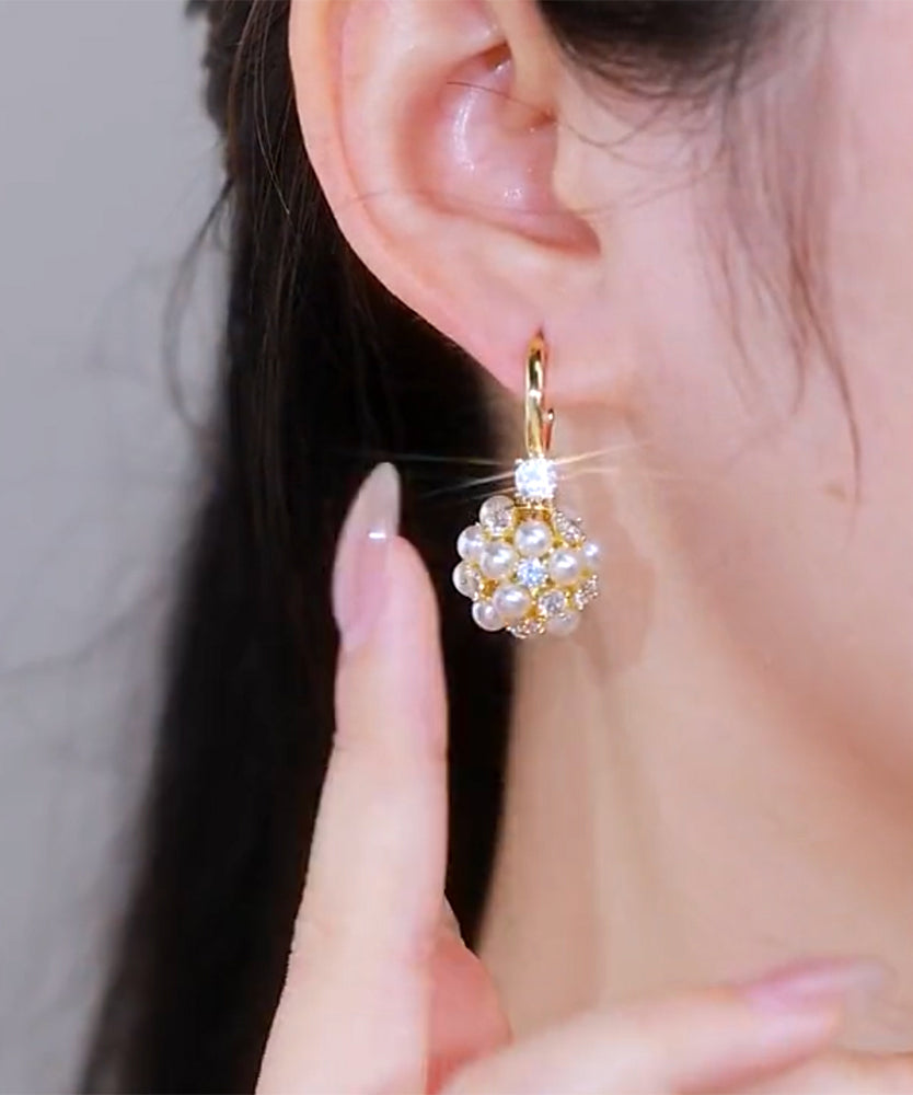 Gold Alloy Pearl Zircon Drop Earrings