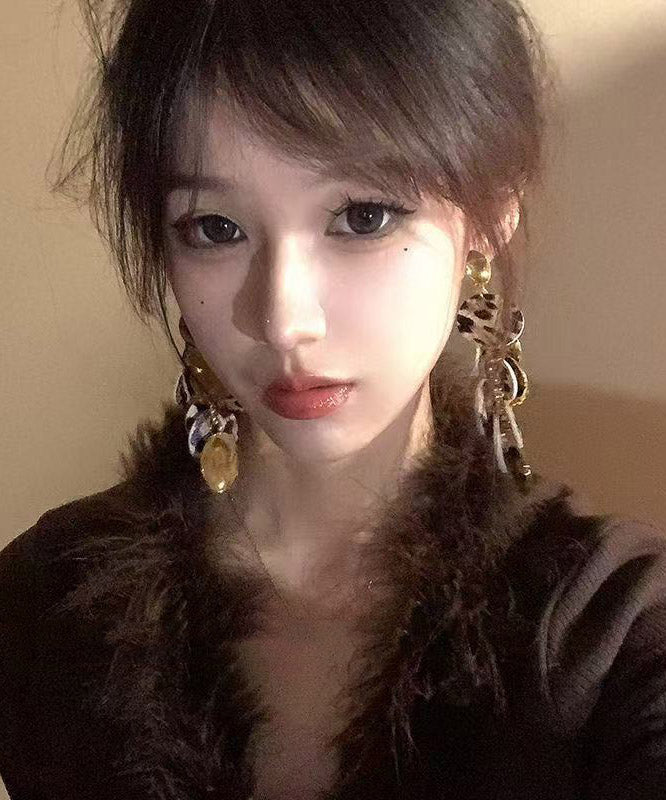 Leopard Copper Cloth Sequins Tassel Drop Earrings