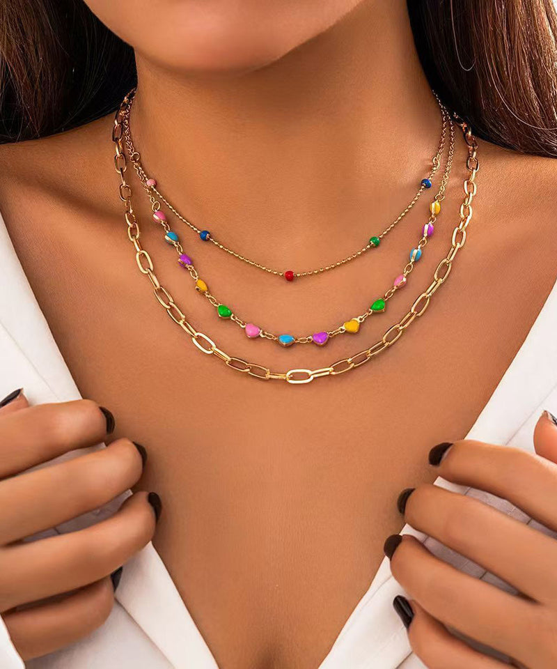 Rainbow Alloy Beading Broken Silver Love Three Piece Set Princess Necklace Rg014