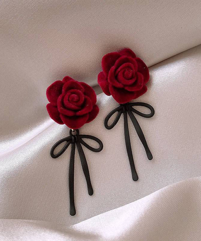 Red Copper Alloy Rose Bow Flocking Stud Earrings