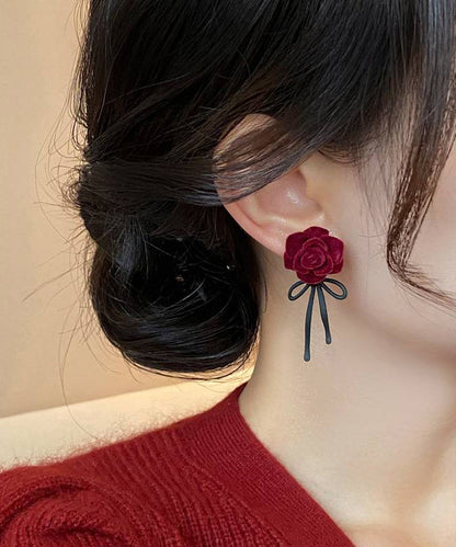 Red Copper Alloy Rose Bow Flocking Stud Earrings