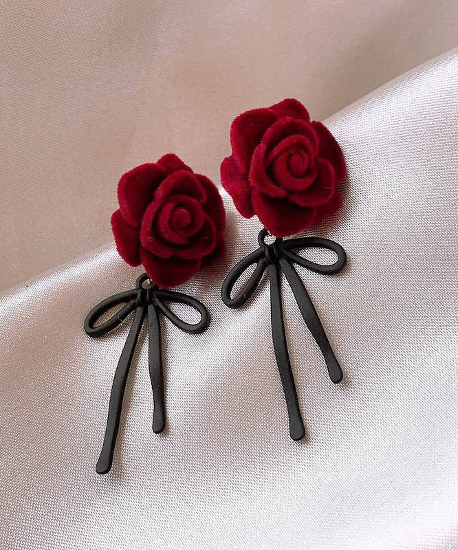 Red Copper Alloy Rose Bow Flocking Stud Earrings