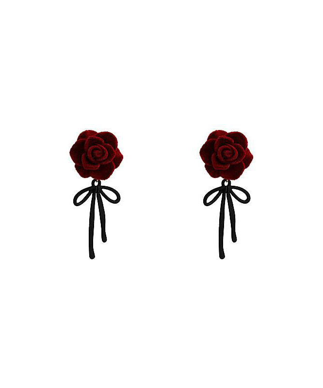 Red Copper Alloy Rose Bow Flocking Stud Earrings