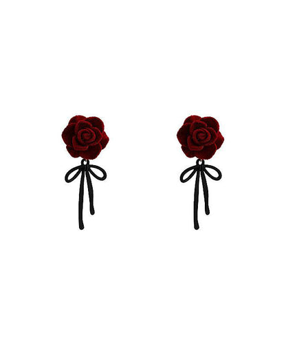 Red Copper Alloy Rose Bow Flocking Stud Earrings