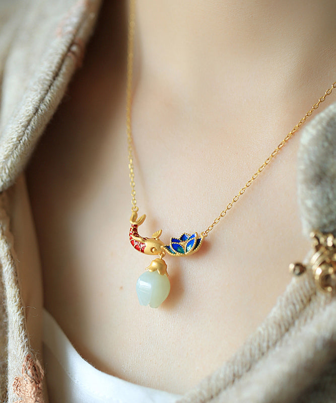 Boutique Gold Sterling Silver Ancient Gold Jade Lotus Enamel Pendant Necklace Po002