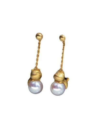 Boutique Gold Sterling Silver Overgild Little Cats Pearl Drop Earrings