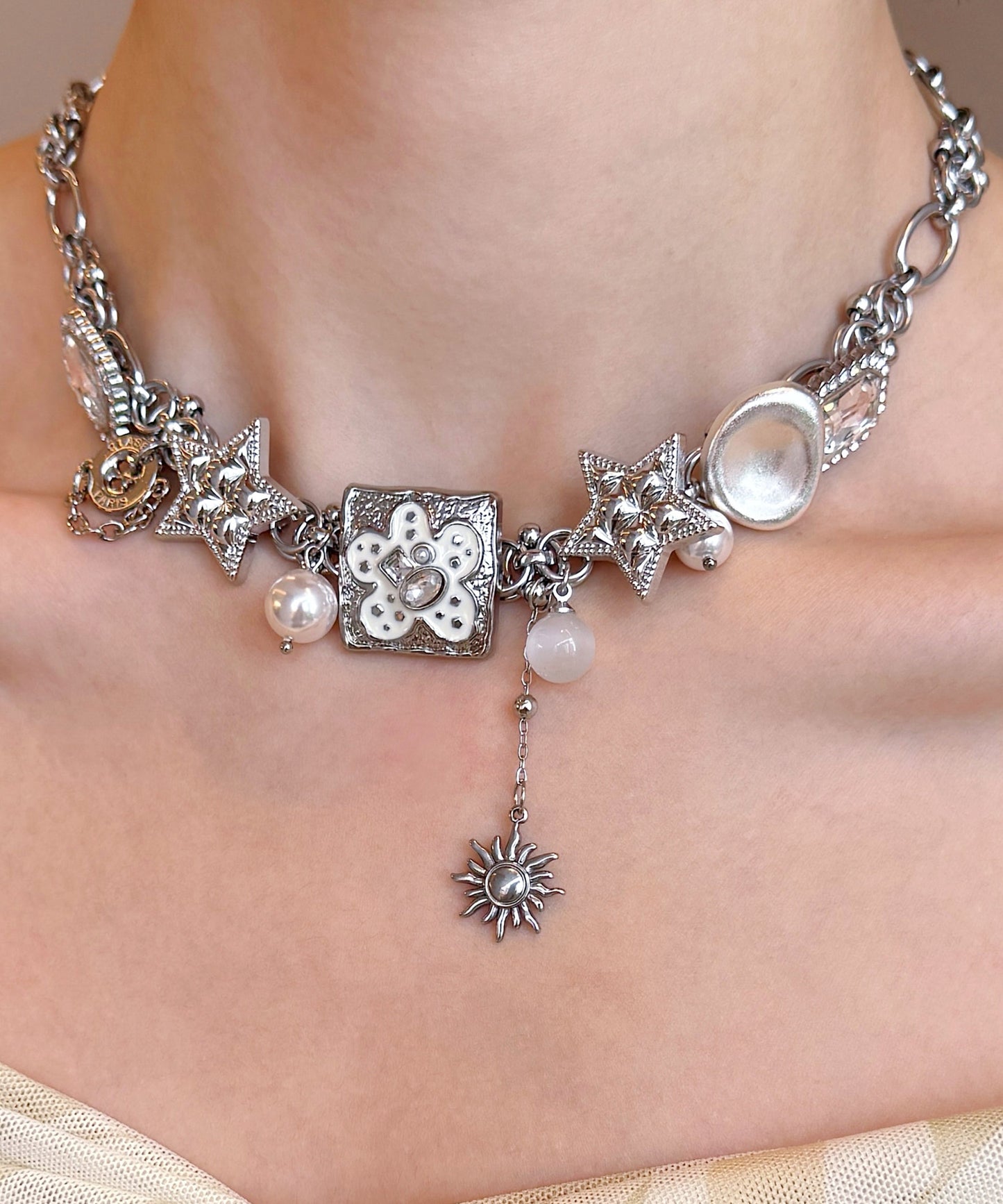 Boutique Silk Stainless Steel Star Pearl Cat's Eye Pendant Necklace