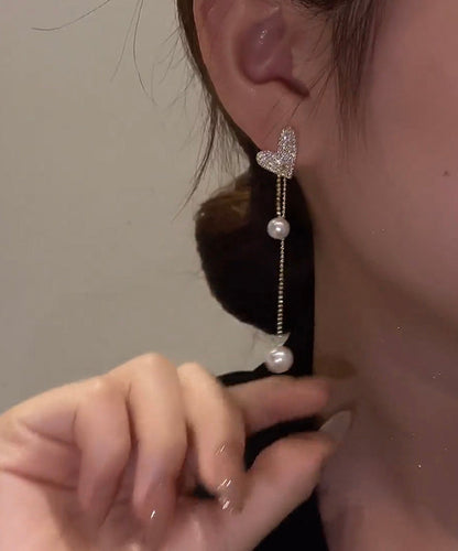 Boutique Sterling Silver Overgild Love Heart Pearl Tassel Drop Earrings Ly1788