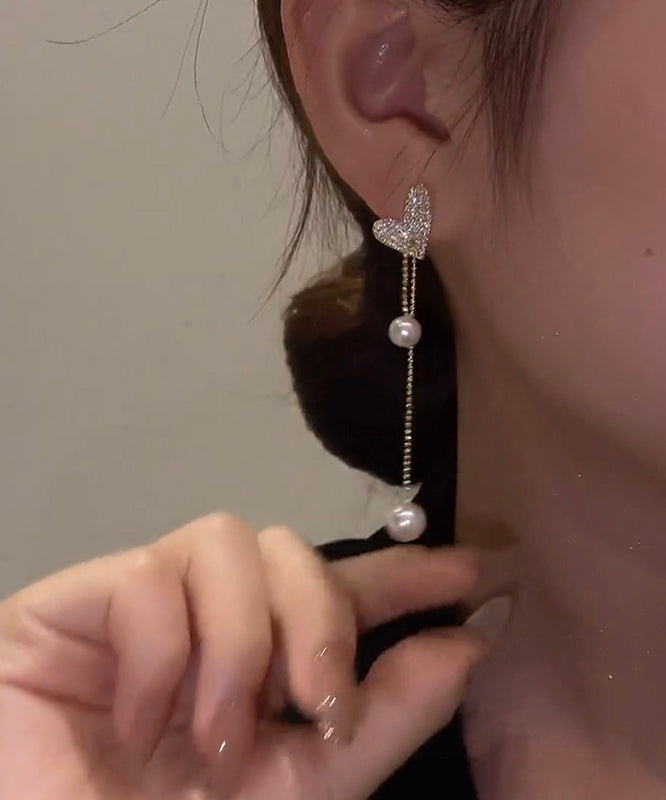 Boutique Sterling Silver Overgild Love Heart Pearl Tassel Drop Earrings Ly1788