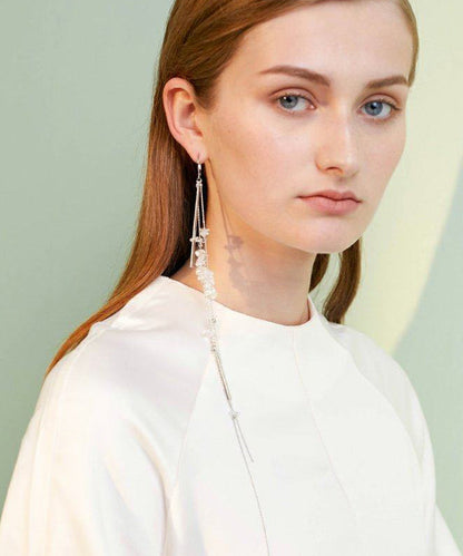 Boutique White Crystal Extra Long Metal Single Drop Earrings