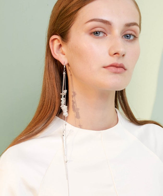 Boutique White Crystal Extra Long Metal Single Drop Earrings