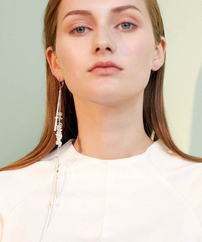 Boutique White Crystal Extra Long Metal Single Drop Earrings