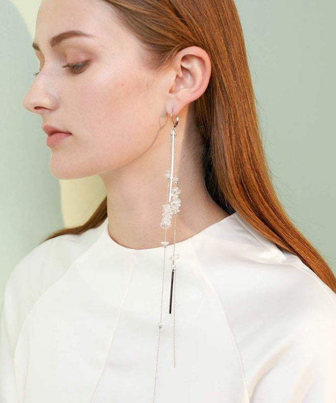 Boutique White Crystal Extra Long Metal Single Drop Earrings