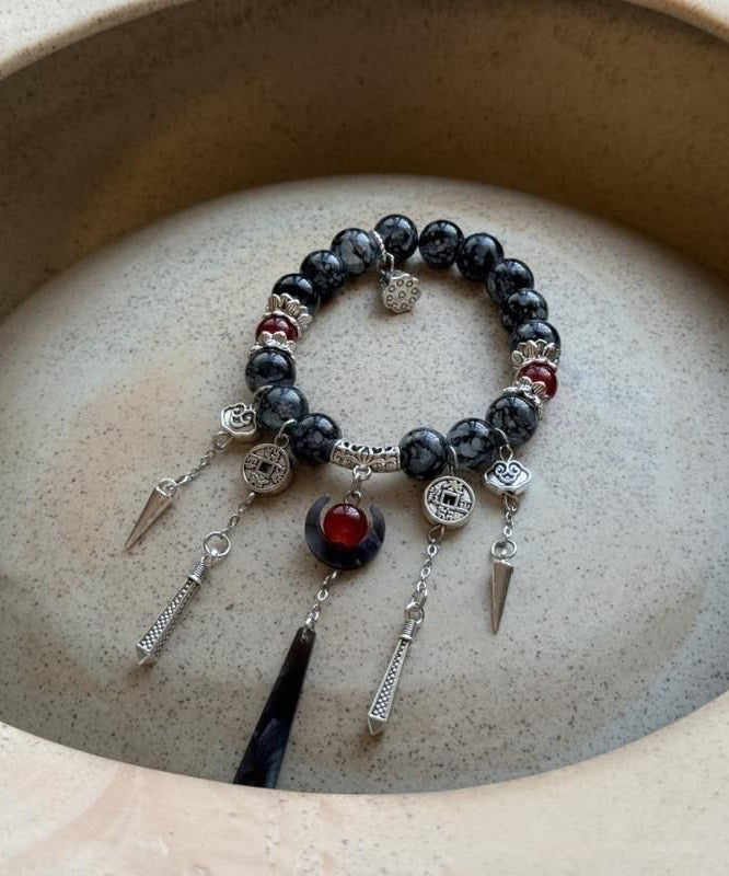 Black Sterling Silver Agate Tassel Charm Bracelet