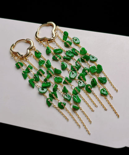 Green Sterling Silver 14k Gold Jade Tassel Drop Earrings