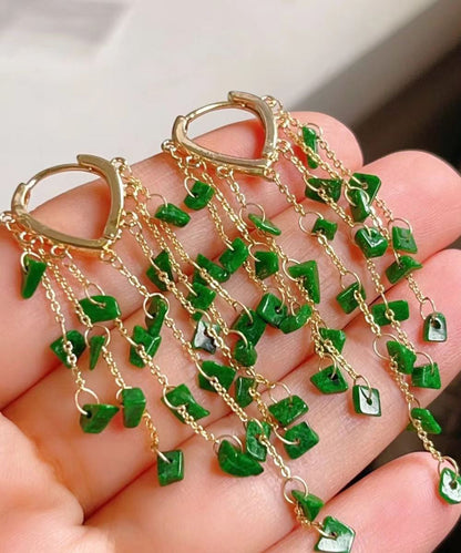 Green Sterling Silver 14k Gold Jade Tassel Drop Earrings