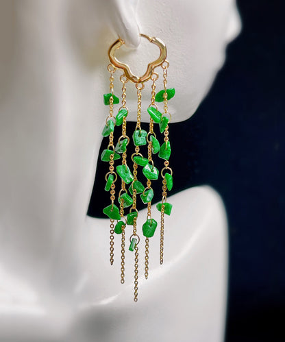 Green Sterling Silver 14k Gold Jade Tassel Drop Earrings
