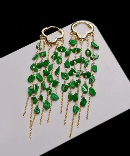 Green Sterling Silver 14k Gold Jade Tassel Drop Earrings