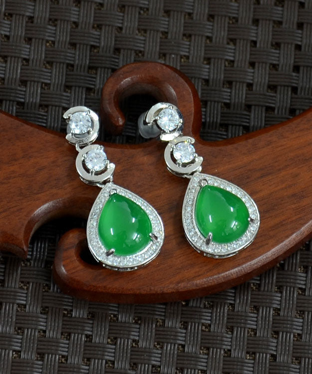 Green Sterling Silver Inlaid Zircon Chalcedony Water Drop Drop Earrings