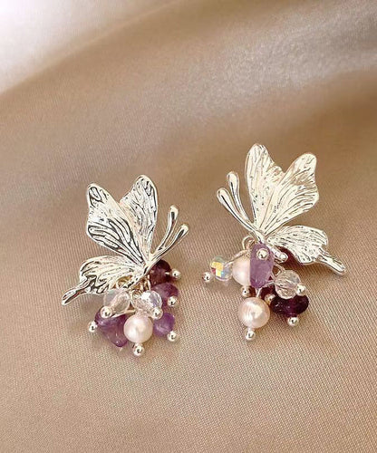 Purple Copper Alloy Zircon Butterfly Pearl Stud Earrings