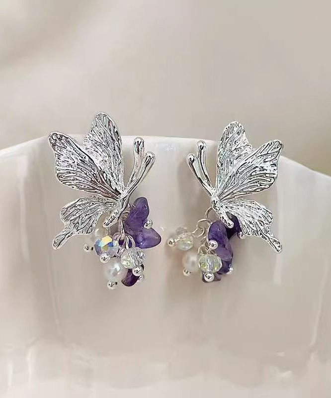 Purple Copper Alloy Zircon Butterfly Pearl Stud Earrings