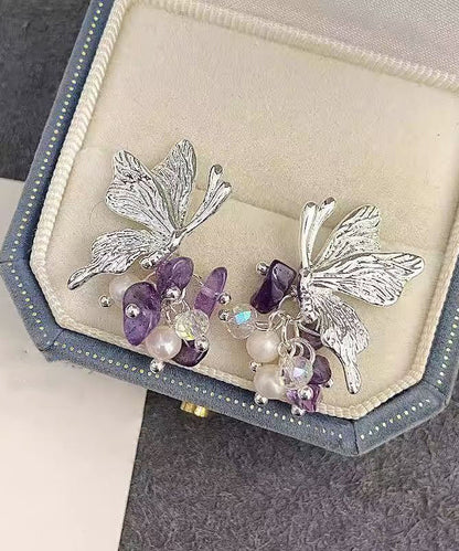 Purple Copper Alloy Zircon Butterfly Pearl Stud Earrings