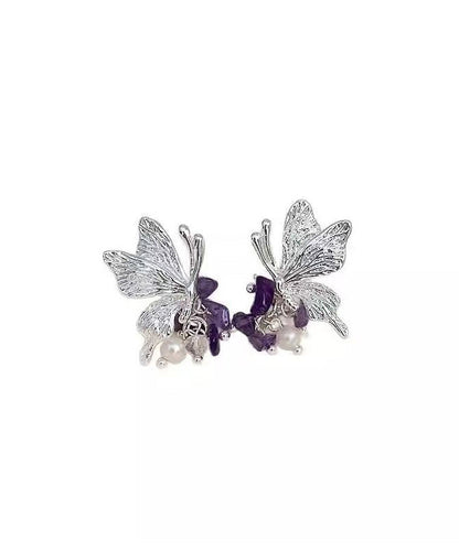 Purple Copper Alloy Zircon Butterfly Pearl Stud Earrings