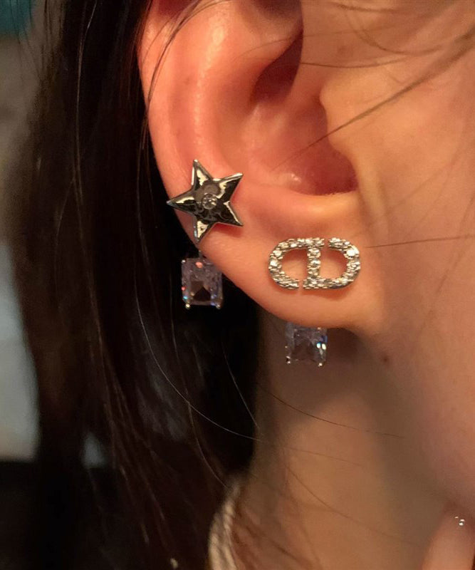 Alloy Zircon Asymmetrical Graphic Gem Stone Star Stud Earrings