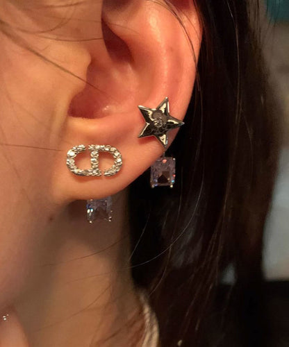 Alloy Zircon Asymmetrical Graphic Gem Stone Star Stud Earrings