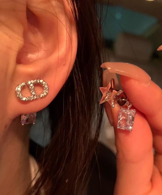 Alloy Zircon Asymmetrical Graphic Gem Stone Star Stud Earrings